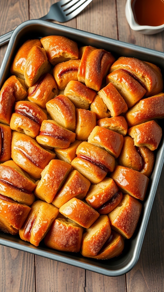 A 13x9 pan of cinnamon monkey bread, golden brown and drizzled with glaze, ready to be served.